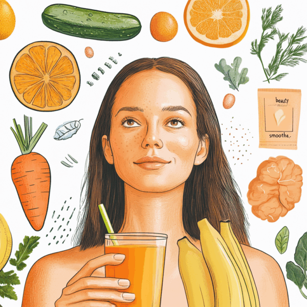 Vrouw met glanzende huid en gezond haar drinkt een beauty smoothie, omringd door groenten en fruit zoals wortels, sinaasappel, spinazie en banaan – symbool voor voeding voor huid, haar en nagels.