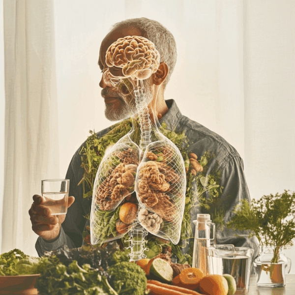 Gezonde man met glas water in hand, omringd door verse groenten, fruit, noten en zaden, met subtiele visualisatie van darmen en hersenen – symbool voor voeding, vitaliteit en de darm-brein connectie.